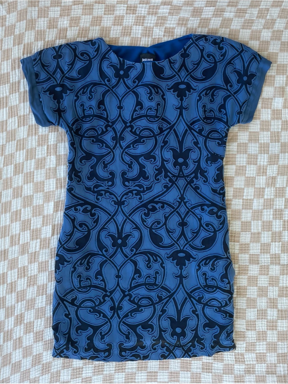 Just Cavalli Blue Baroque Print Cut-Out Shift Dress [size (IT)~38/(US)~2(XS)]